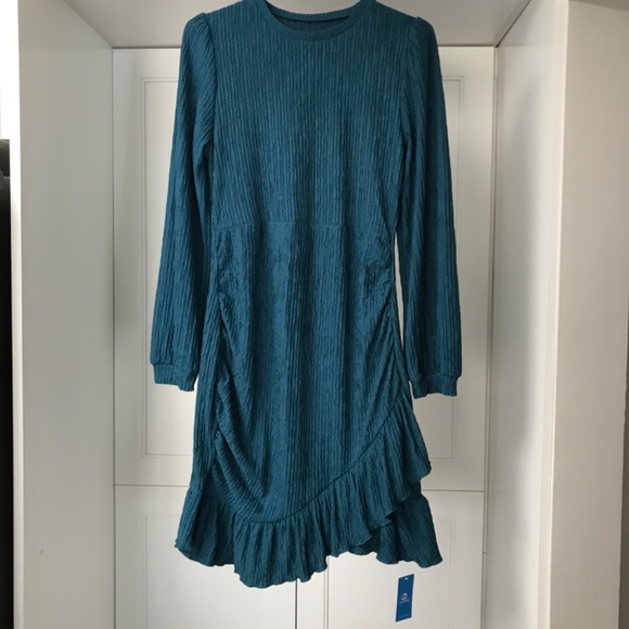 Cupshe Women’s Teal Ruffle Hem Ruched Body Con Long Sleeve Summer Dress US M - Picture 2 of 9